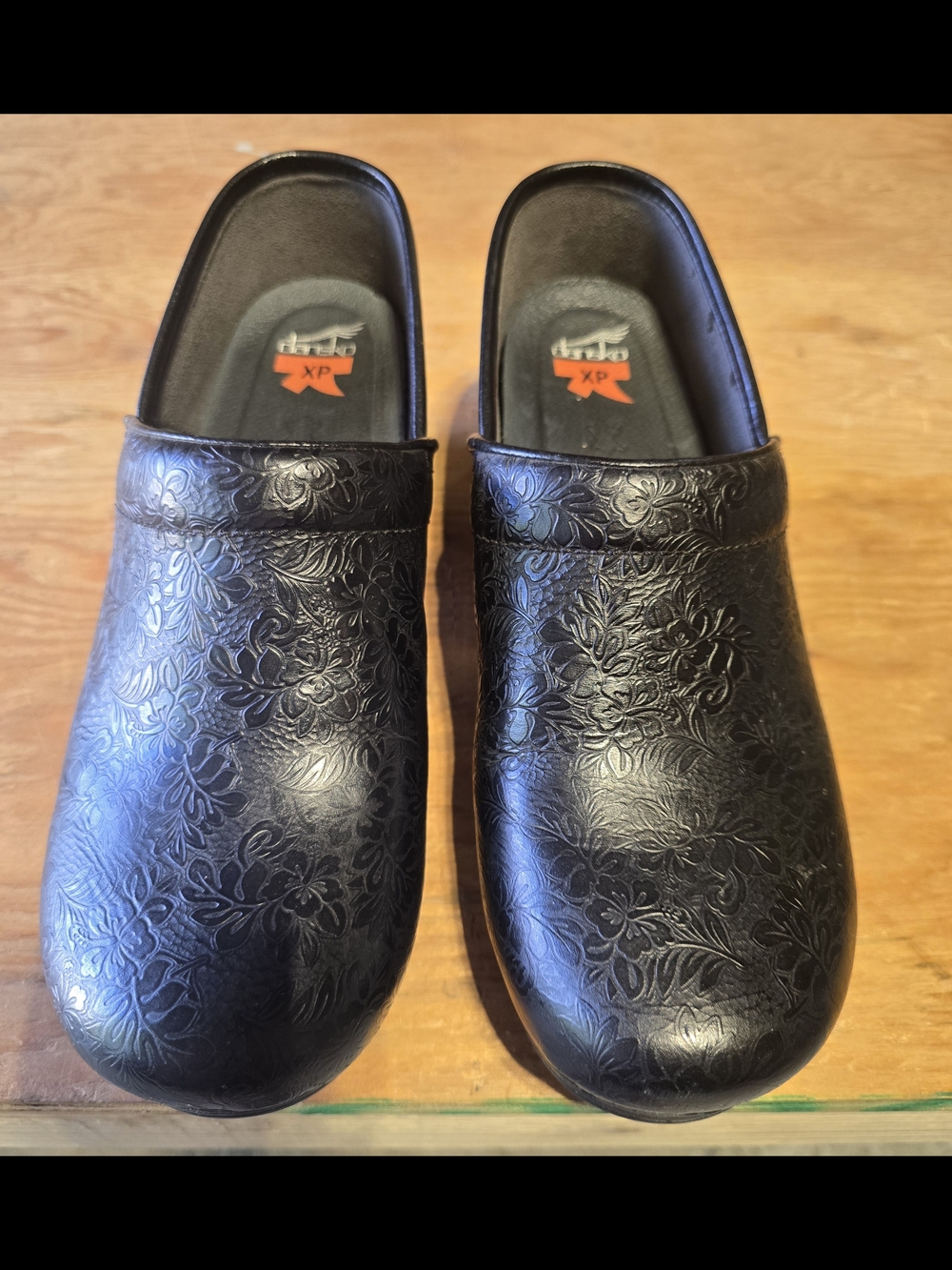Dansko XP 2.0 Black Floral-Tooled Leather Women's Clogs